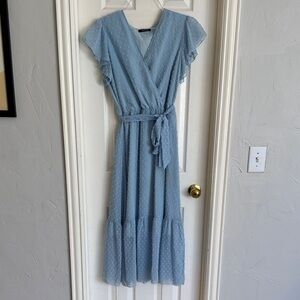 Ankle Length Light Blue Belted Dress with Raised Dot Pattern. Size Medium